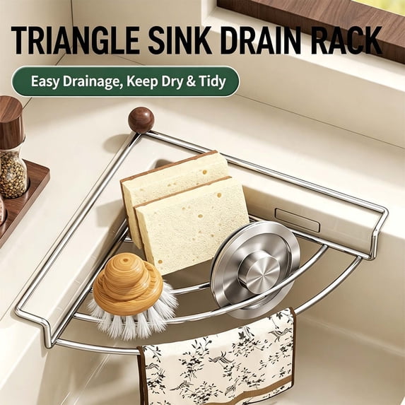 Yhmxh Stainless Steel Sink Corner Caddy, Over‑the‑Sink Triangle Sponge Holder, Kitchen Sink Storage Rack for Sponge Scrubber Dishcloth Soap Organizer for Kitchen Counter Sink Corner Organization