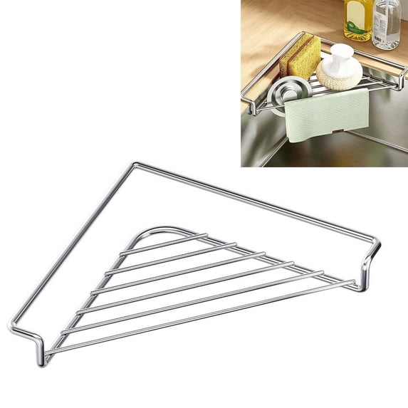 Yhmxh Stainless Steel Sink Corner Caddy, Over‑the‑Sink Triangle Sponge Holder, Kitchen Sink Storage Rack for Sponge Scrubber Dishcloth Soap Organizer for Kitchen Counter Sink Corner Organization