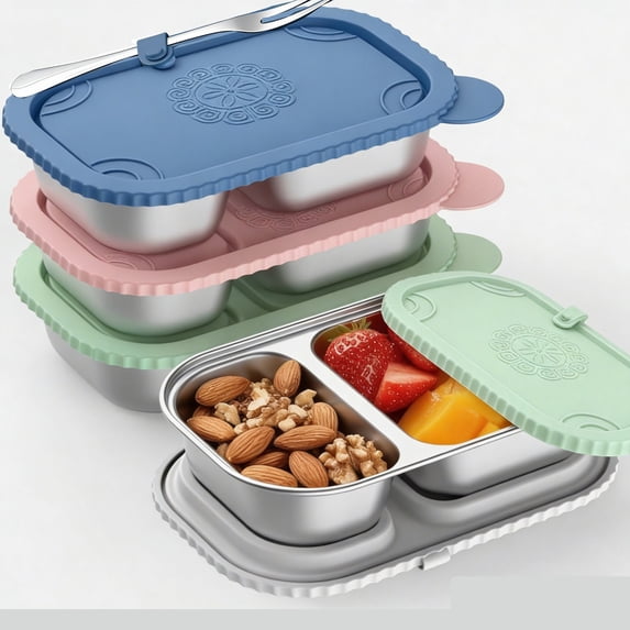 Yhmxh Stainless Steel Snack Container with Lid, 2 Compartment Reusable Leakproof Snack Box for Outdoor Camping, Dishwasher & Freezer Safe Lunch Container, Bento Box for Travel, Office, Meal Prep