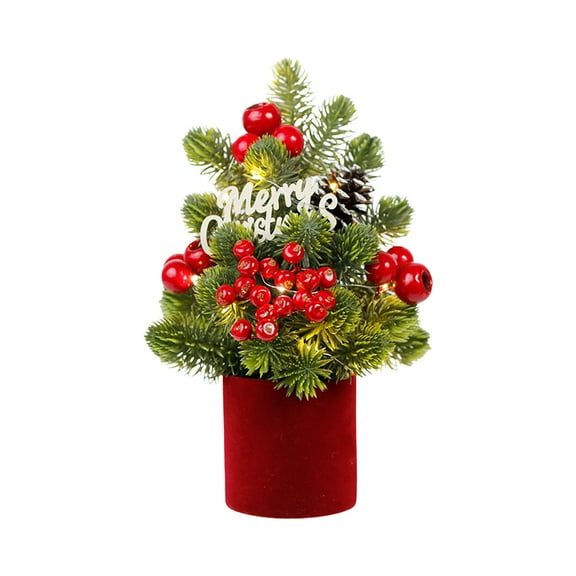 Yhmxh Tabletop Mini Christmas Tree Pre-lit Artificial Mini Christmas Tree with Warm LED Lights, Red Berries Pinecone Ornaments Small Christmas Tree for Christmas Home Indoor Decorations