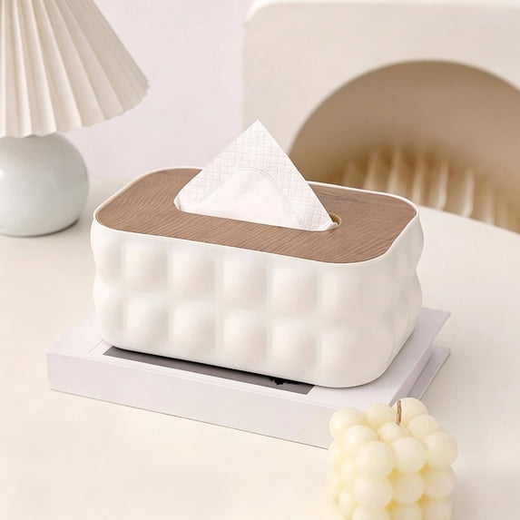 Yhmxh Textured Rectangular Tissue Box Cover with Wood Lid, Minimalist Napkin Holder Tissue Storage Organizer, Decorative Resin Facial Tissue Dispenser for Bedroom Living Room Kitchen Office Table