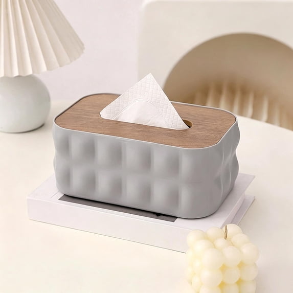 Yhmxh Textured Rectangular Tissue Box Cover with Wood Lid, Minimalist Napkin Holder Tissue Storage Organizer, Decorative Resin Facial Tissue Dispenser for Bedroom Living Room Kitchen Office Table