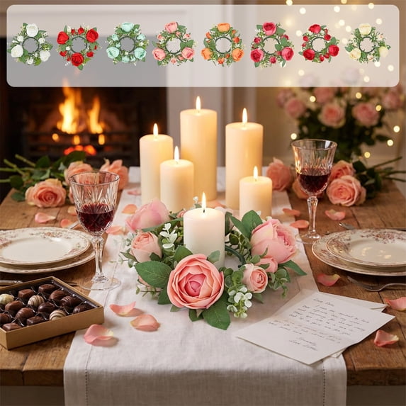 Yhmxh Valentine's Day Candle Ring Wreath Artificial Red Roses Floral Wreath with Leaves Candle Ring for Wedding Centerpieces Decoration Tables Wreath for Home Front Indoor Anniversary Party