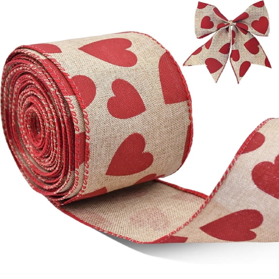 Yhmxh Valentine's Day Heart Ribbon for Gift Wrapping, Red Heart Wired Ribbon for Bows, Love Heart Edge Wired Burlap Ribbon for Wreaths, DIY Crafts, Floral Arrangements, Romantic Party Decorations