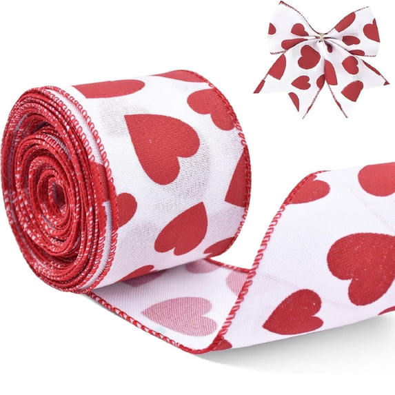 Yhmxh Valentine's Day Heart Ribbon for Gift Wrapping, Red Heart Wired Ribbon for Bows, Love Heart Edge Wired Burlap Ribbon for Wreaths, DIY Crafts, Floral Arrangements, Romantic Party Decorations