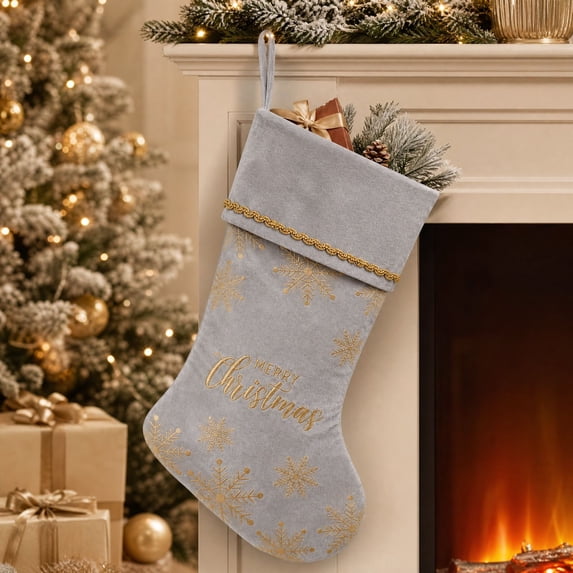 Yhmxh Velvet Christmas Stocking, 19 Inch Large Xmas Stocking with Golden Snowflake Embroidery & Merry Christmas Lettering, Hanging Plush Cuff Stocking for Fireplace Mantel Christmas Home Decor