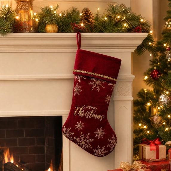 Yhmxh Velvet Christmas Stocking, 19 Inch Large Xmas Stocking with Golden Snowflake Embroidery & Merry Christmas Lettering, Hanging Plush Cuff Stocking for Fireplace Mantel Christmas Home Decor