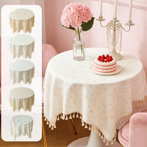 Yhmxh Vintage Cotton Linen Round Tablecloth Floral Pattern Table Cloth with Tassel Washable Dust-Proof Table Cover for Dinning,Farmhouse Decor,Picnic,Tabletop Decoration, Round 35 Inch