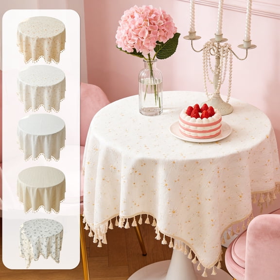 Yhmxh Vintage Cotton Linen Round Tablecloth Floral Pattern Table Cloth with Tassel Washable Dust-Proof Table Cover for Dinning,Farmhouse Decor,Picnic,Tabletop Decoration, Round 35 Inch