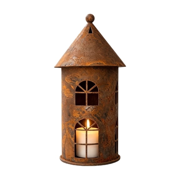 Yhmxh Vintage Metal Candle Lantern, 9.06 Inch Rustic House Shape Tealight Candle Holder, Christmas Tabletop Decorative Lantern for Indoor Farmhouse Mantel Window, Xmas Party Decoration