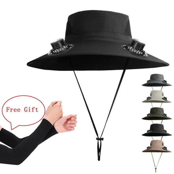 Yhmxh Wide Brim Sun Hats with 2 Solar Fan and Free Black Cooling Ice Silk Arm Sleeves, Waterproof Outdoor Fishing Hat Breathable Bucket Hat Outdoor Fishing Hat for Hiking Camping (Dark Gray)