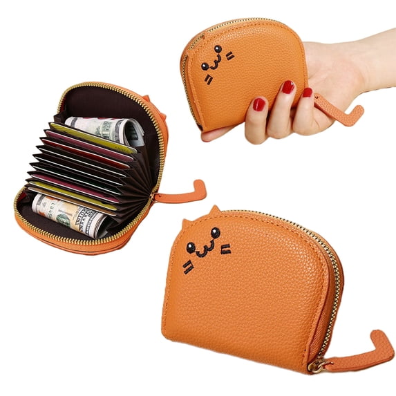 Yhmxh Womens Wallet with Zipper, PU Leather Women's Cat Wallet Accordion Purse with Card Slots, Credit Card Holder Small Wallet Cute Cat Wallet with Cat Tail Shaped Pendant (Orange)