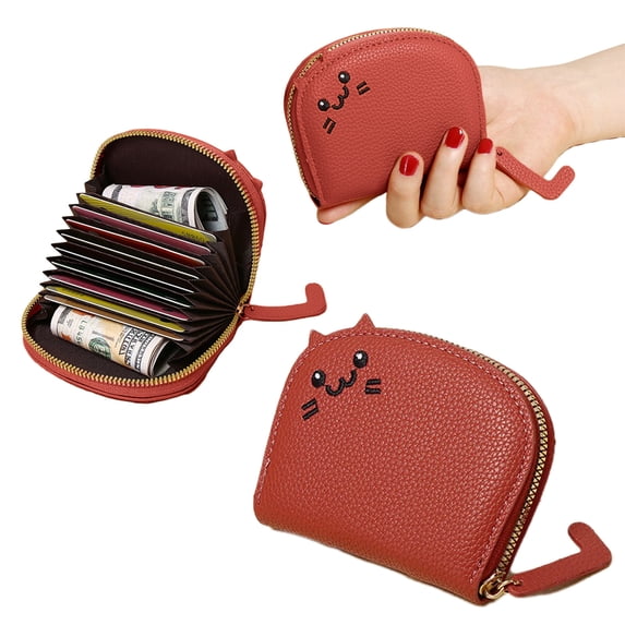 Yhmxh Womens Wallet with Zipper, PU Leather Women's Cat Wallet Accordion Purse with Card Slots, Credit Card Holder Small Wallet Cute Cat Wallet with Cat Tail Shaped Pendant (Red)