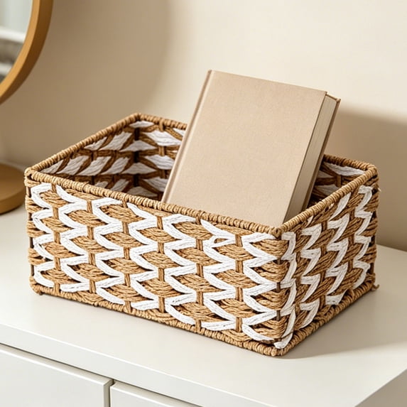 Yhmxh Woven Storage Basket, Decorative Rope Woven Organizer Bin, Hand‑Woven Storage Basket for Bathroom Vanity, Countertop, Toiletries, Cosmetics, Small Household Sundries, Boho Home Decor