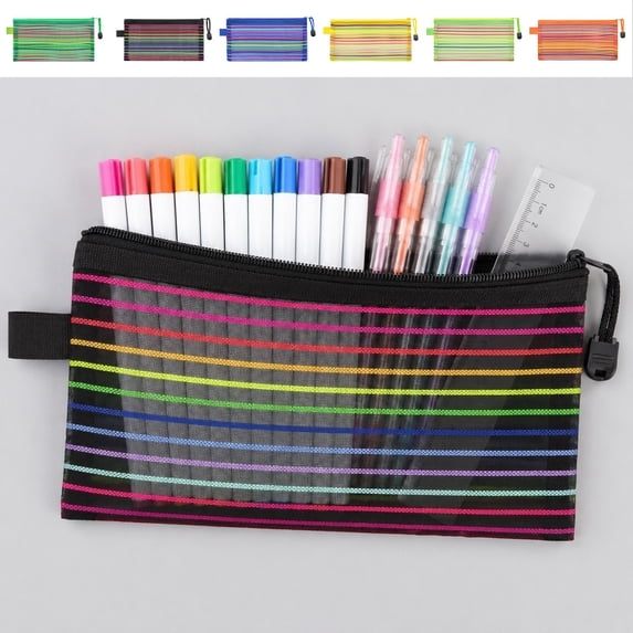 Yhmxh Zipper Mesh Pouch, Rainbow Stripe Storage Pencil Pouches, Transparent Nylon Mesh Pen Pencil Case, Multipurpose Pencil Pouch for Office Supplies, Stationery, Cosmetics Travel Accessories