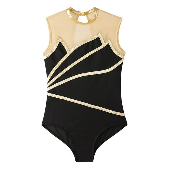 Yhong Girls Kids Figure Ice Skating Bodysuit Sleeveless Sheer Mesh Ballet Dance Leotard Keyhole Back Gold 6