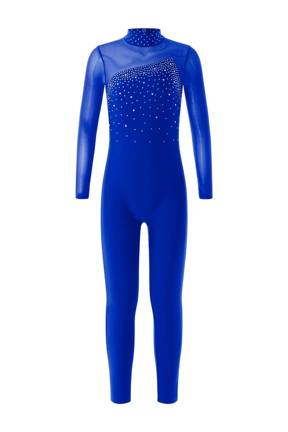 Girls Kids Mesh Splice Long Sleeves Backless Full Length Unitard Ballet Dance Gymnastics Leotard Dancewear Royal Blue 8