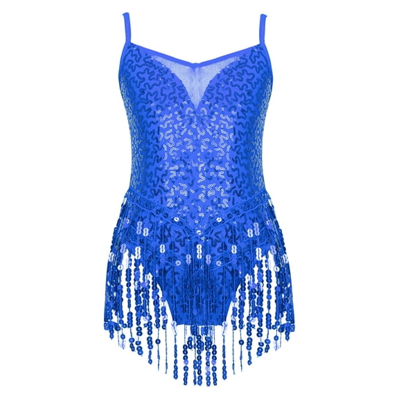 Yhong Girls Kids Sequins Latin Salsa Samba Ballet Lyrical Dress Leotards with Tassel Disco Party Royal Blue 14