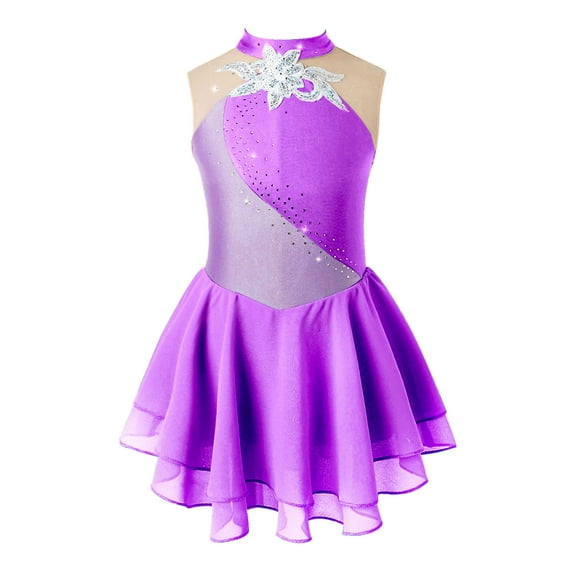 Yhong Girls Sleeveless Gymnastics Leotard Skirt Rhinestone Ballet Dance Costume Figure Ice Roller Purple 10