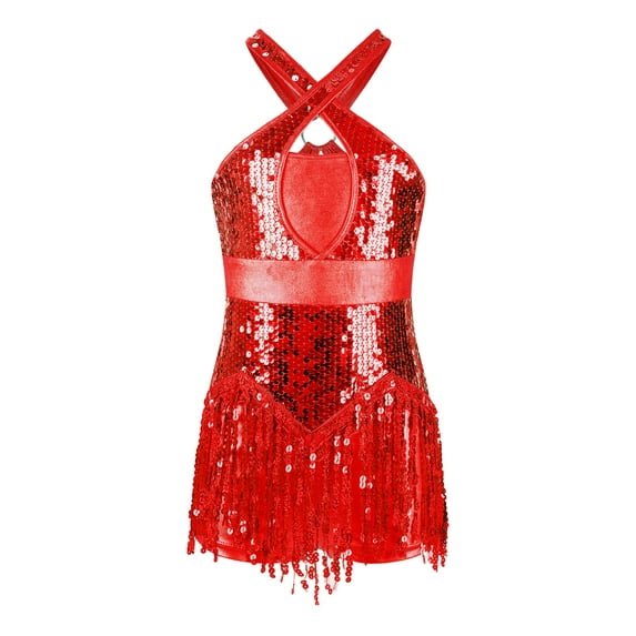 Yhong Girls Sparkle Sleeveless Leotard Tassels Latin Dance Dress Sequin Fringed Bodysuit Ballroom Costume Red 10
