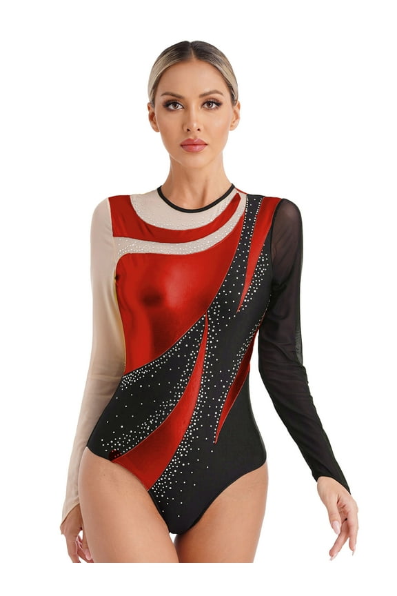 Gymnastics Leotard For Women Gymnastics Bodysuit Long Sleeve Ballet Acrobatics Performance Red L