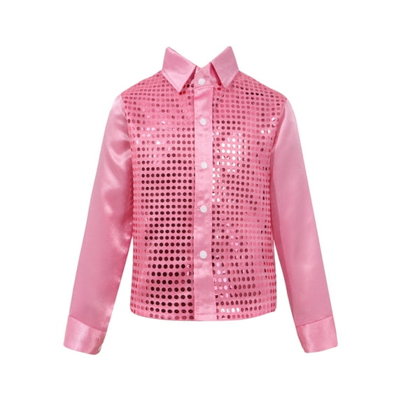 Yhong Kids Boys Long Sleeves Glitter Spread Collar Shirt Top for Choir Jazz Hip Hop Dance Stage Pink 160