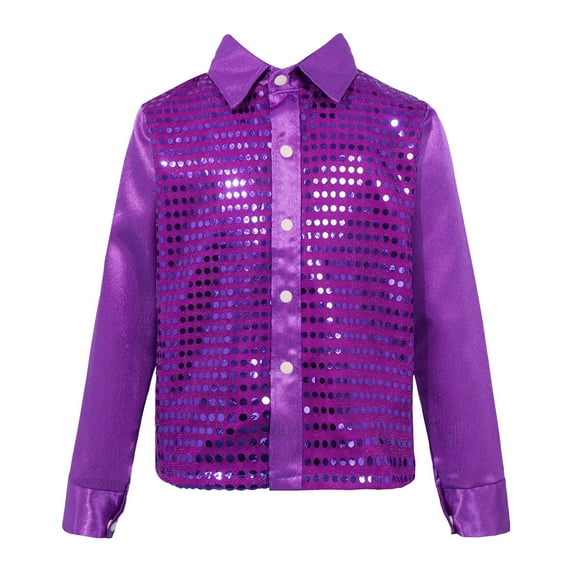 Yhong Kids Boys Long Sleeves Glitter Spread Collar Shirt Top for Choir Jazz Hip Hop Dance Stage Purple 130