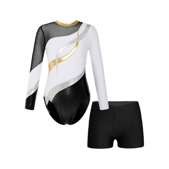 Yhong Kids Girls Long Sleeve Gymnastics Leotard Unitard with Shorts 2 Piece Ballet Dance Bodysuit Biketard White 10