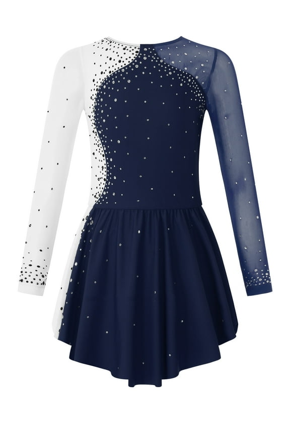 Kids Girls Long Sleeves Glitter Rhinestone Figure Skating Dress Dance Performance Costume Navy Blue 16