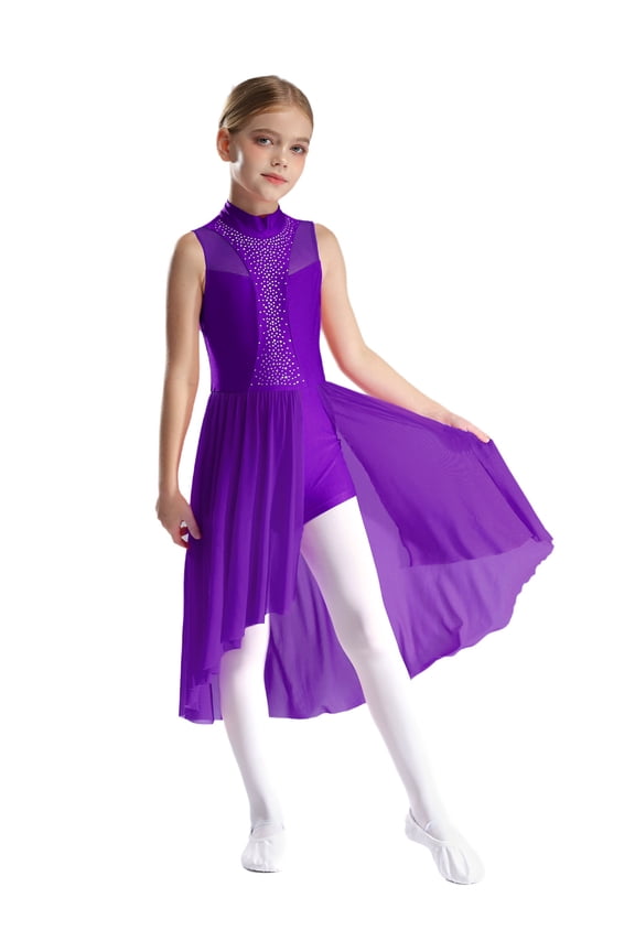 Kids Girls Lyrical Dance Dress Ballet Skirted Leotard Sleeveless Latin Jazz Dancewear Performance Costume Purple 6