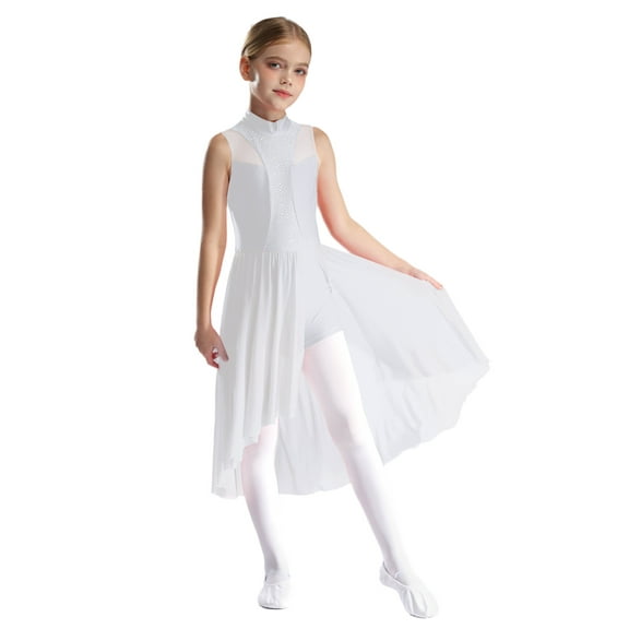 Yhong Kids Girls Lyrical Dance Dress Ballet Skirted Leotard Sleeveless Latin Jazz Dancewear Performance Costume White 6