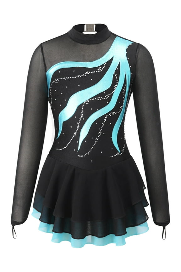 Kids Girls Rhinestone Long Sleeve Ice Figure Skating Dress Sequin Mesh Patchwork Ice Rollar Lake Green 16