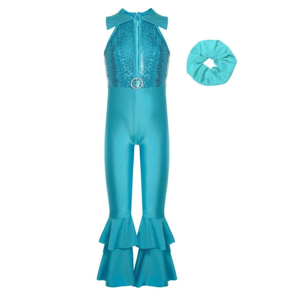 Yhong Kids Girls Sequin Sleeveless Leotard Bell-Bottom Jumpsuit with Hairband Sparkly Disco Dance Performance Costume Blue 6