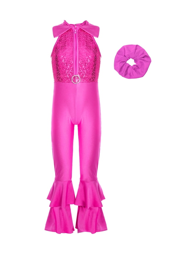 Kids Girls Sequin Sleeveless Leotard Bell-Bottom Jumpsuit with Hairband Sparkly Disco Dance Performance Costume Hot Pink 6
