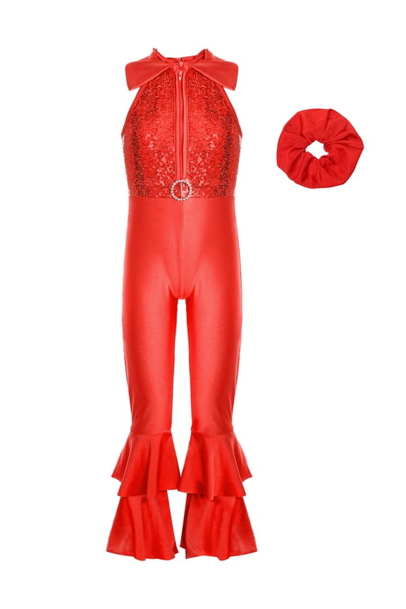 Kids Girls Sequin Sleeveless Leotard Bell-Bottom Jumpsuit with Hairband Sparkly Disco Dance Performance Costume Red 8