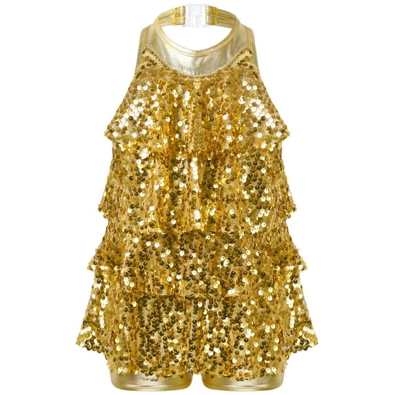 Yhong Kids Girls Sequins Halter Neck Leotard Dance Dress Latin Jazz Salsa Samba Rumba Dance Gold 4