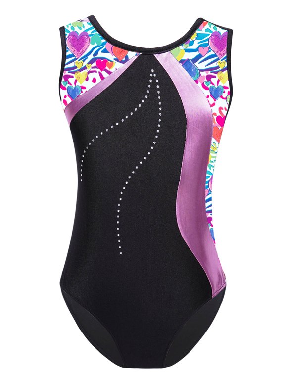 Kids Girls Sleeveless Ballet Dance Leotard Shiny Printed Gymnastics Workout Bodysuit Dancewear Colorful Heart 6