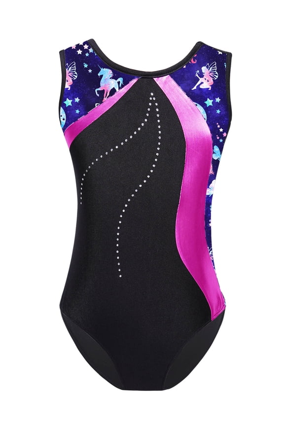 Kids Girls Sleeveless Ballet Dance Leotard Shiny Printed Gymnastics Workout Bodysuit Dancewear Navy Blue&Hot Pink 10