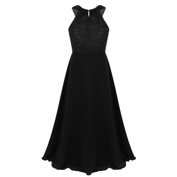 Yhong Girls Sleeveless Neckline Backless Bridesmaid Dress Wedding Evening Party Prom Maxi Dress Neckholder Lace Chiffon Black 4