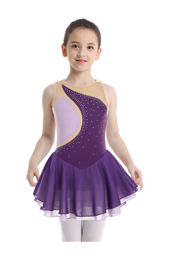 Kids Girls Sparkly Rhinestones Figure Ice Skating Tutu Dress Ballet Gymnastic Leotard Dancewear Purple 14
