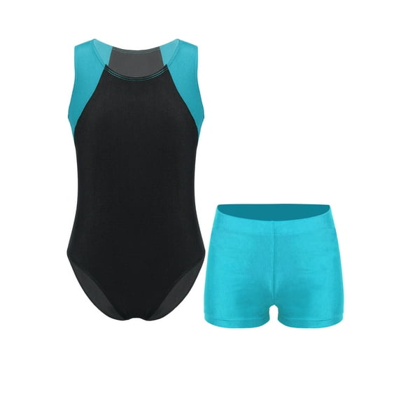 Yhong Kids Gymnastics Outfit Boys Dance Tumbling Leotard with Shorts Set Sleeveless Bodysuit 2 Piece Blue Green 8