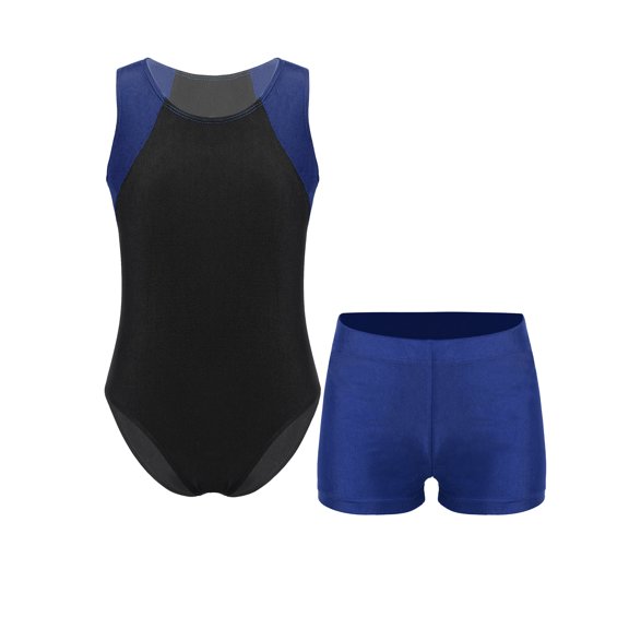 Yhong Kids Gymnastics Outfit Boys Dance Tumbling Leotard with Shorts Set Sleeveless Bodysuit 2 Piece Navy Blue 12