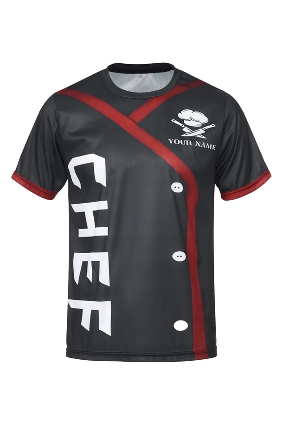 Men Print Chef Coat Short Sleeve Chef T-shirt Crew Neck Chef Shirt Kitchen Canteen Cooking Black XXL