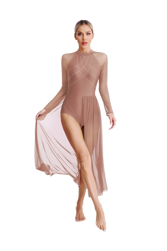 Women Glitter Rhinestone Long Lyrical Dance Costume Long Sleeve Flowy Overlay Dress Maxi Long Dusty Pink S