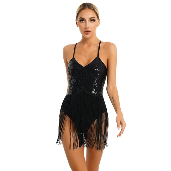 Women V Neck Latin Dance Dress Tassel Flapper Cocktail Party Dress Samba Tango Ballroom Dancing Black XL