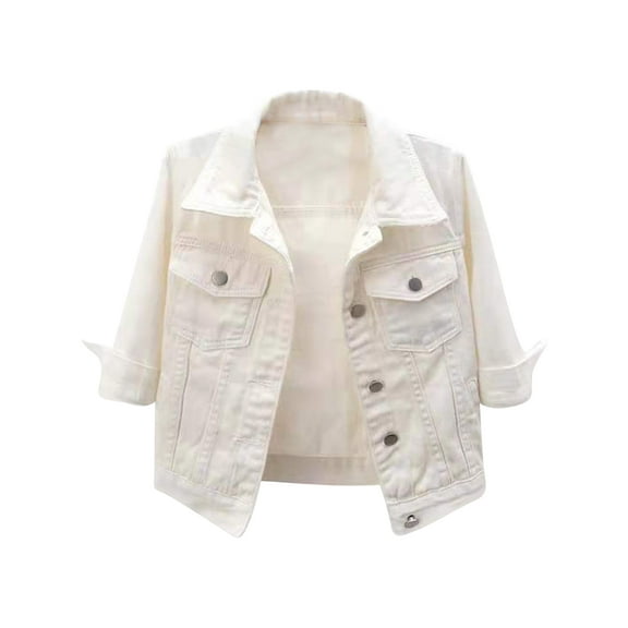 Yhong Women's 3/4 Sleeve Colored Cropped Denim Jacket Light Wash Jacket Coat Button Jean Jacket White 5XL