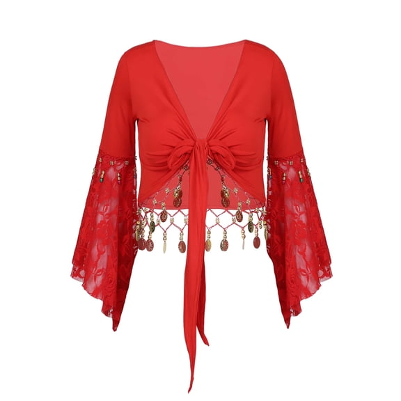 Yhong Women's Belly Dance Blouse Cardigan Shrug Butterfly Flare Sleeve Tassel Lace-Up Shawl Tops Red XL