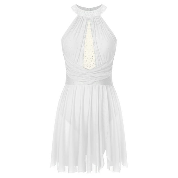 Yhong Women's Figure Ice Roller Skating Dress Sleeveless Shiny Rhinestones Lyrical Ballet Dance White M