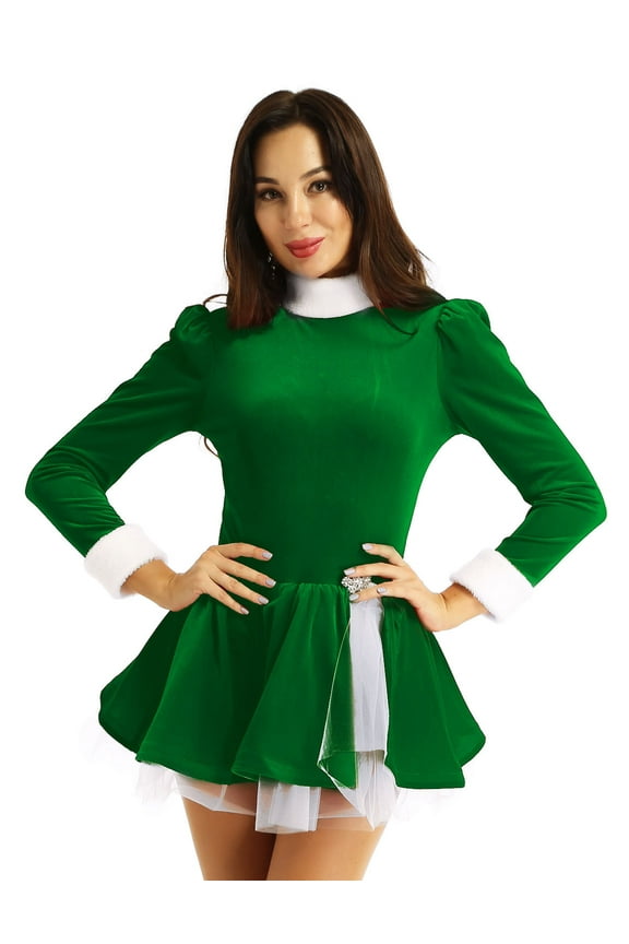 Velvet Christmas Dress for Women Mrs. Santa Claus Role Play Ballet Dance Tutu Leotard Dress Green X-Large