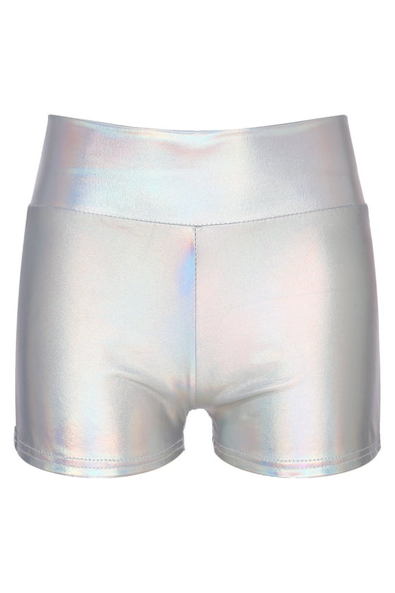 Women's Shiny Metallic Shorts High Waist Rave Party Dance Booty Shorts Hot Shorts Yoga Shorts Silver B M